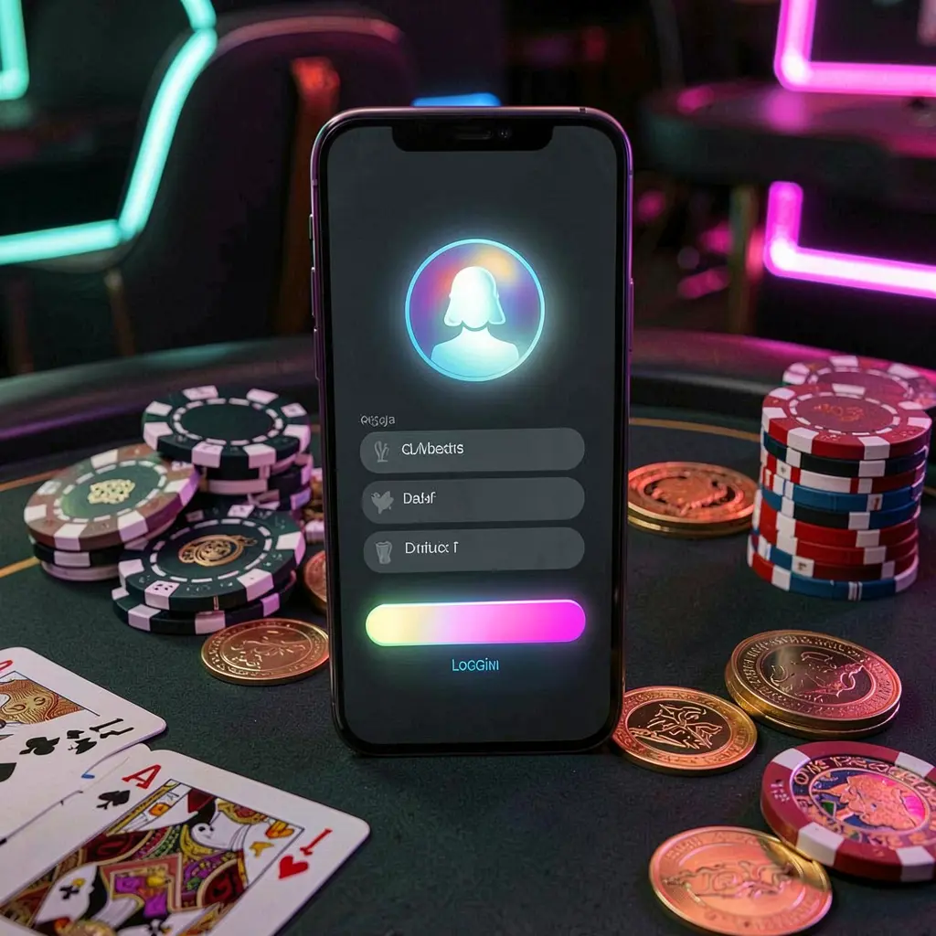 3E333 casino app login scene on smartphone with glowing user profile icon, surrounded by chips, cards, and coins against an elegant dark background with neon highlights