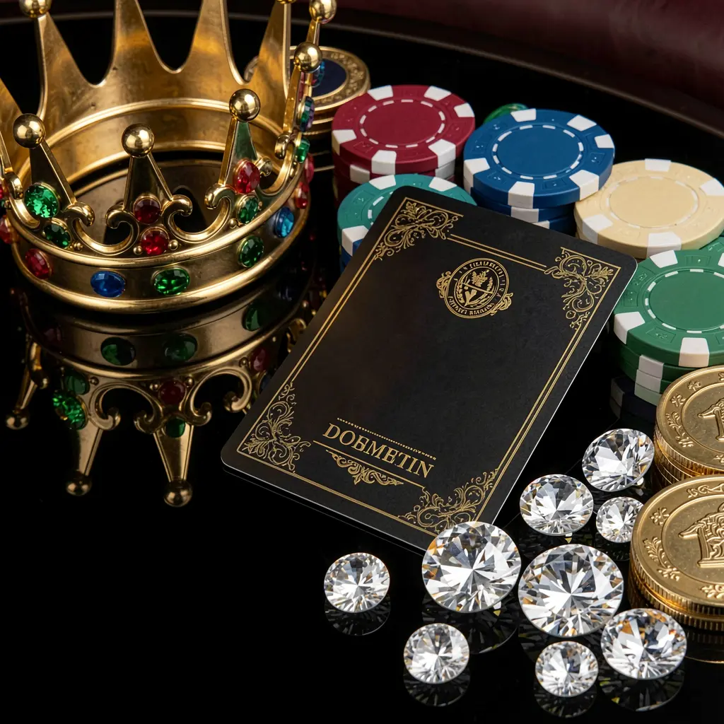 3E333 VIP casino bonus concept featuring a golden crown, luxury membership card, poker chips, diamonds, and coins displayed on a glossy black table in an elegant premium style