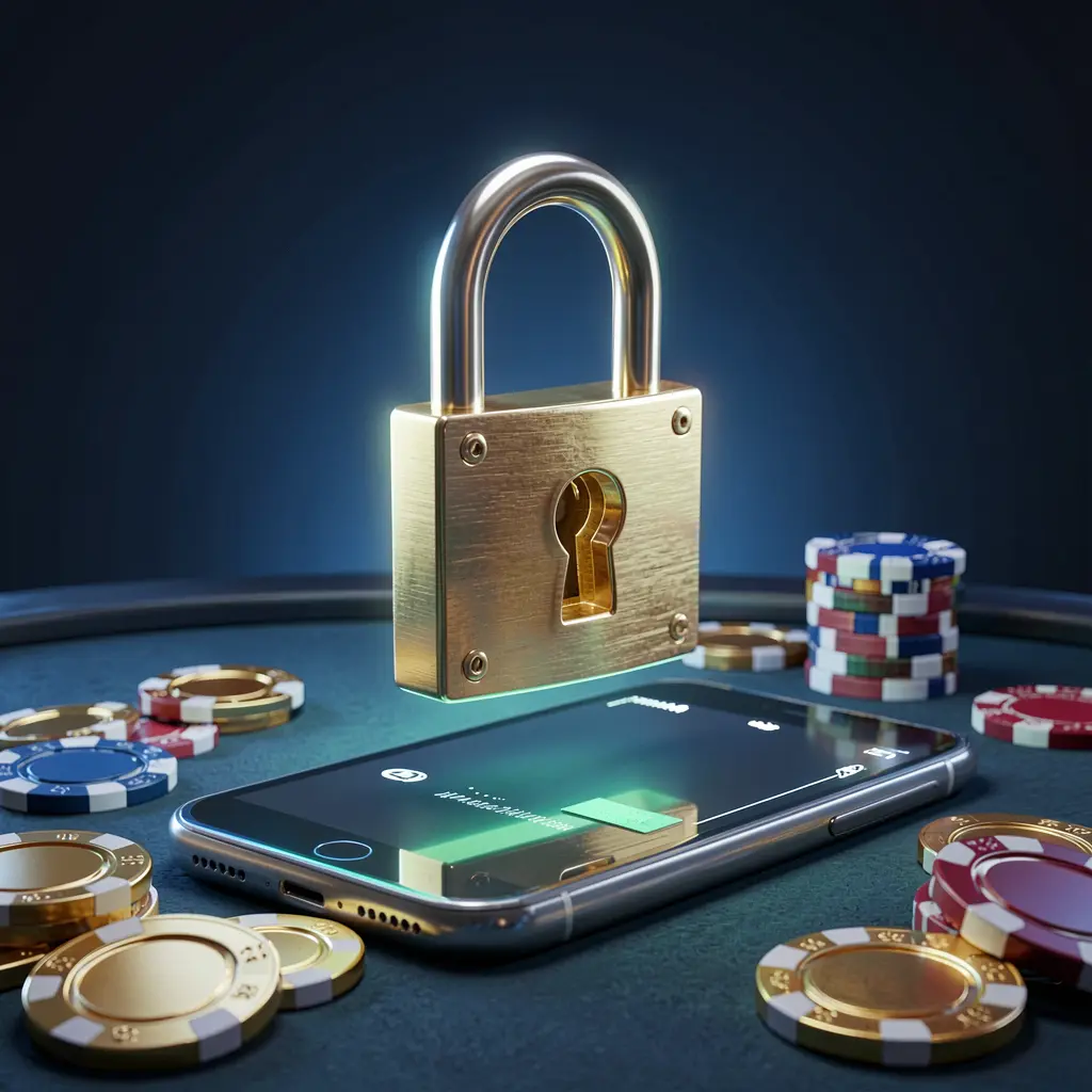 3E333 casino login security image with glowing padlock floating above smartphone, golden coins and chips scattered around on a dark blue neon background in a premium realistic 3D render