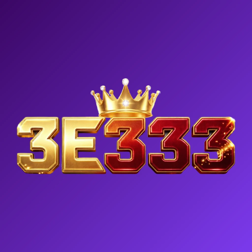 Dynamic casino-style logo for 3E333 featuring massive bold lettering in bright gold and crimson colors with a glowing crown and sparkling light effects on a transparent background