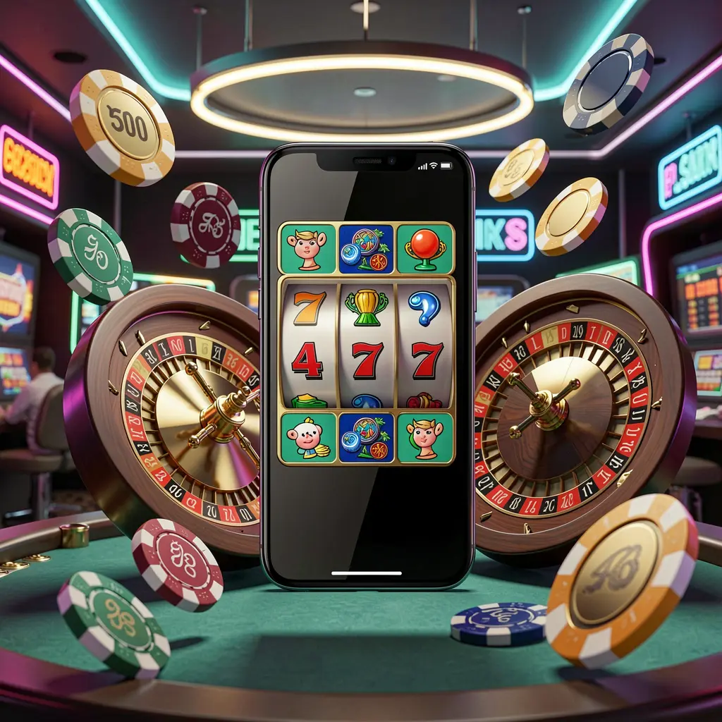 3E333 casino entertainment homepage concept showing a modern mobile phone surrounded by slot symbols, roulette wheel, chips, and coins floating against a neon casino background in a premium 3D render